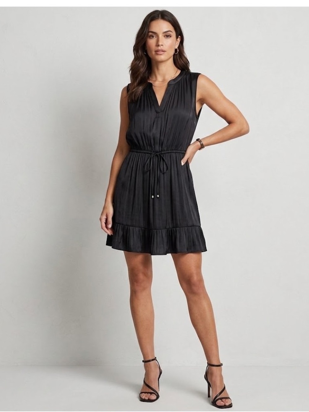 Rachel Zoe Classic Black sleeveless Dress, Size Medium, Silk Satin Feel, Ruffle
